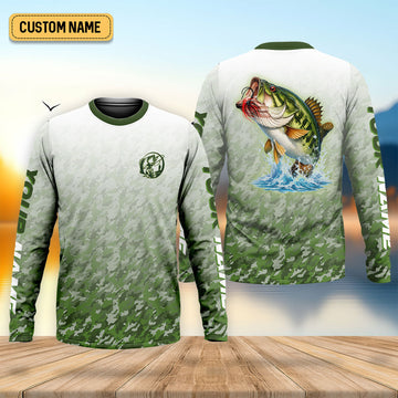 Maxcorners Custom Largemouth Bass Fishing Shirt for Men, Camo Green Angler Shirt, Fishing UPF Shirts