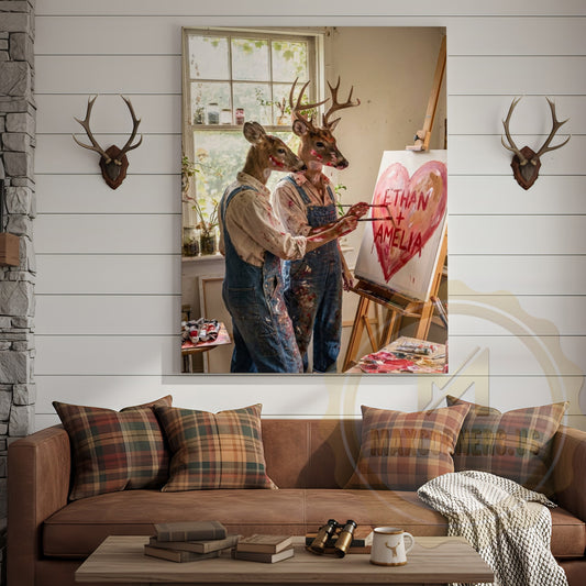 Maxcorners Deer Couple Painting Heart Art Studio Personalized Name Canvas