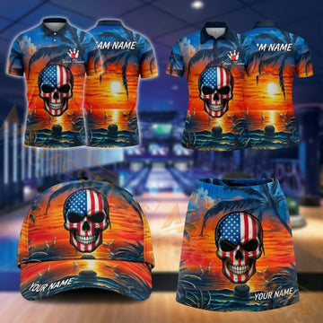 Maxcorners Bowling American Flag Skull Design Personalized Team Sportswear Set - Polo Shirt, Cap & Skorts