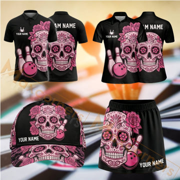 Maxcorners Darts Pink Sugar Skull Dartboard Design Personalized Team Sportswear Set - Polo Shirt, Cap & Skorts
