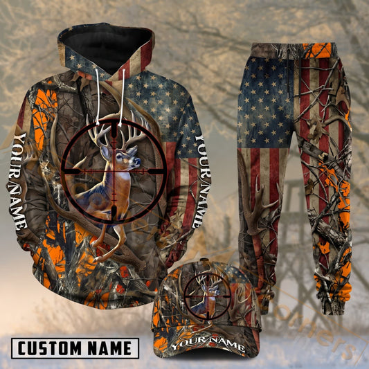 Maxcorners Hunting Whitetail Buck Crosshair American Flag Camo Personalized 3D Shirts