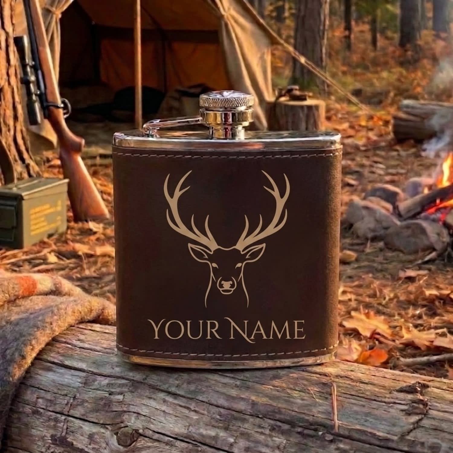Maxcorners Hunting Minimal Deer Antler Emblem Personalized Name 3D Hip Flask