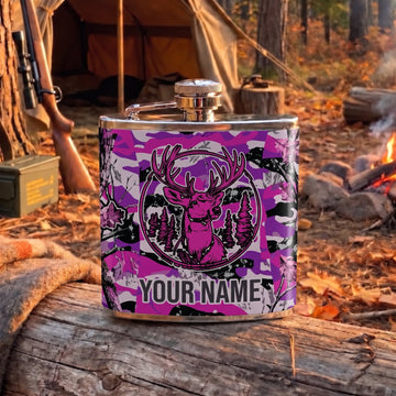Maxcorners Hunting Pink Deer Antler Camouflage Design Personalized Name 3D Hip Flask