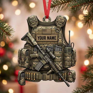 Maxcorners Military Tactical Camo Vest And Rifle Personalized Name 3D Keychain And Ornament