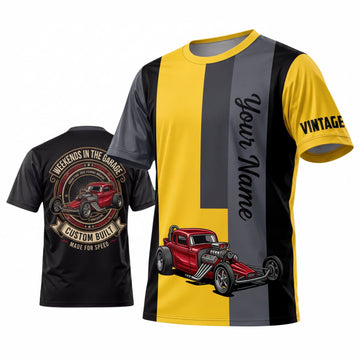 Maxcorners Personalized Car Classic Muscle Car 3D T-Shirt – Black Yellow Racing Stripes and Red Hot Rod
