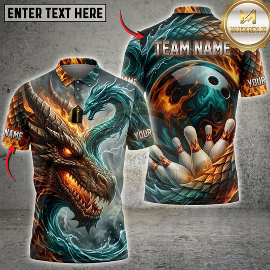 Maxcorners Bowling Fire and Water Dragon Bowling Ball Strike Multicolor Customized Name, Team Name 3D Shirts ( 4 Colors )