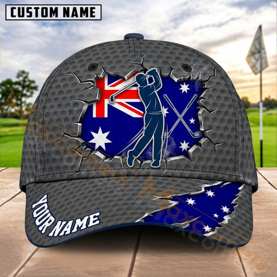 Maxcorners Golf Australia Flag Golfer Silhouette Personalized Name 3D Cap