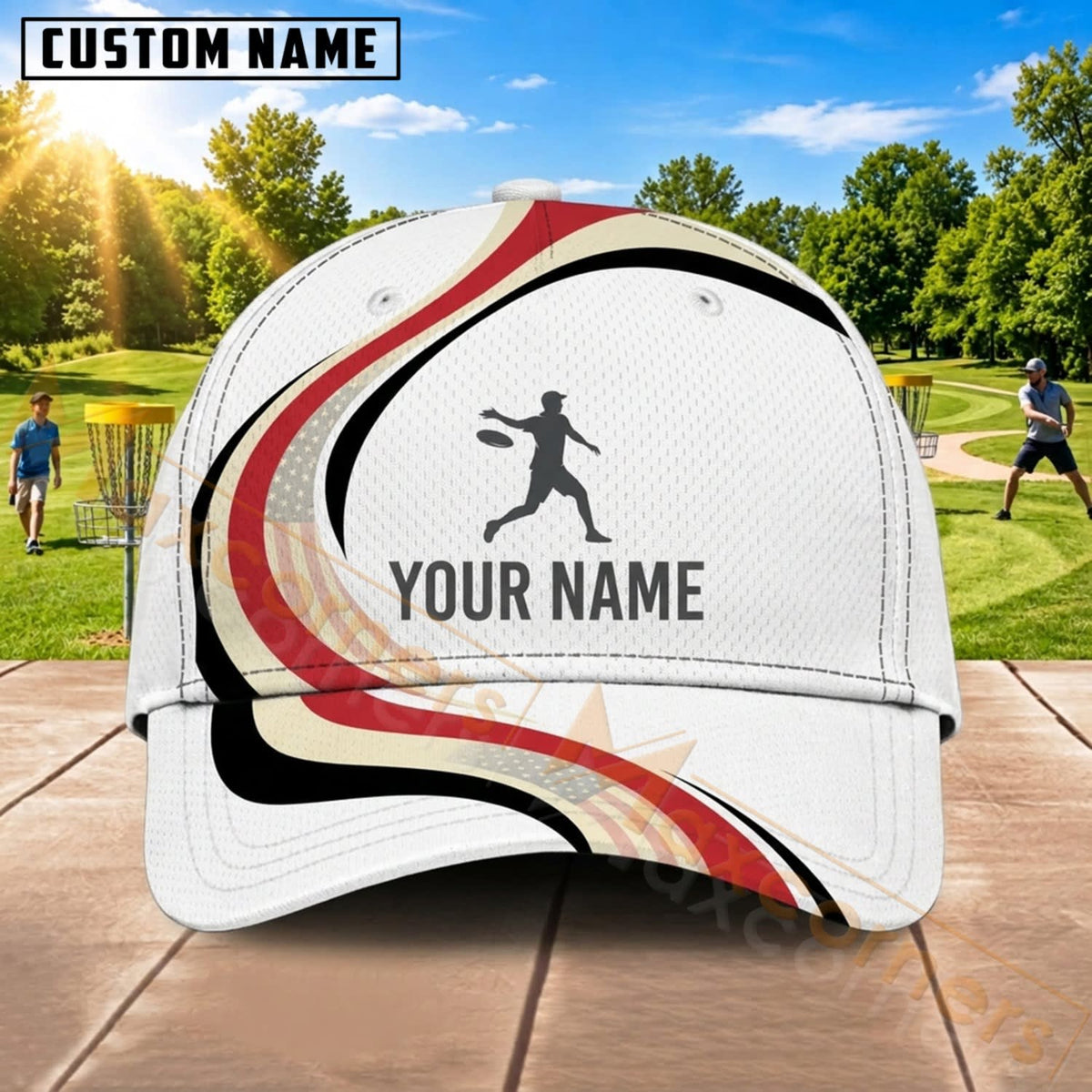 Maxcorners Disc Golf Red White Player Silhouette Personalized Name 3D Cap