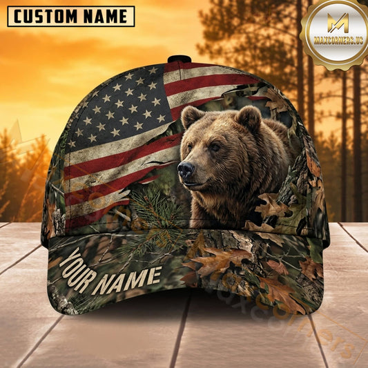 Maxcorners Bear Hunting Brown Bear Vintage American Flag Woodland Camo Customized Name 3D Cap