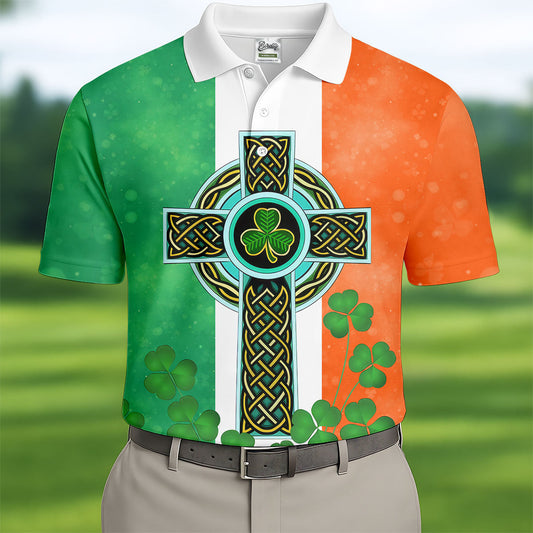 Maxcorners Celtic Cross Knotwork St Patrick's Day Shamrock Golf Shirt, Men's Golf Polo Shirts, Golf Shirts For Men