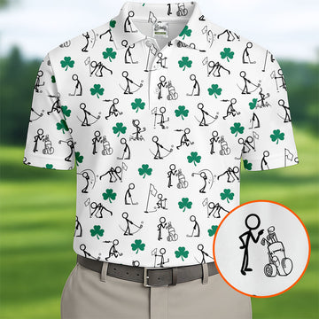 Maxcorners Stick Figure Golf Pose St Patrick's Day Shamrock White Golf Shirt, Polo Shirts For Men, Golf Shirts For Men