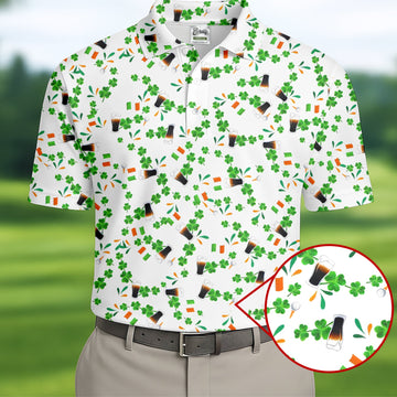 Maxcorners Dark Stout Beer St Patrick's Day Shamrocks White Golf Shirt, Polo Shirts For Men, Golf Shirts For Men