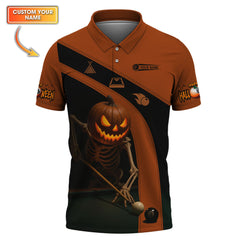 Maxcorners Halloween Billiards Jersey, Custom Name Skeleton Pumpkin Pool Shirt, Spooky 8 Ball Shirt For Billiard Lovers LM0509