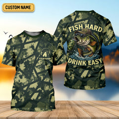 Maxcorners Fish Hard Drink Easy Green Camo Funny Fishing Shirt, SPF Shirt For Men, Largemouth Bass Fishing Shirts For Men