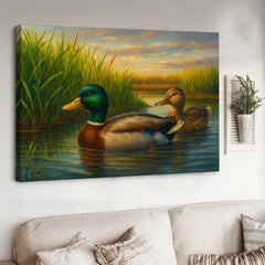 Maxcorners Couple Mallard Ducks Hunting Canvas – Realistic Wildlife Wall Art for Hunters