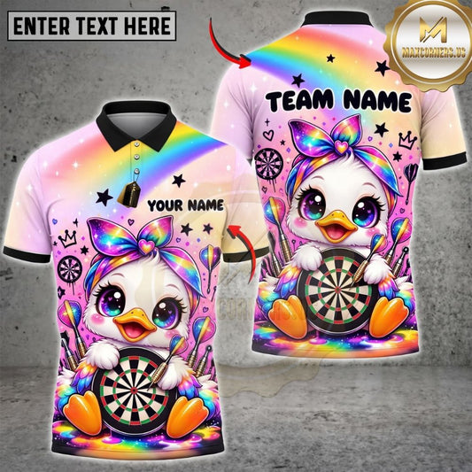 Maxcorners Darts Cute Duck Mascot Bowtie Rainbow Target Board Graphic Customized Name, Team Name 3D Shirts