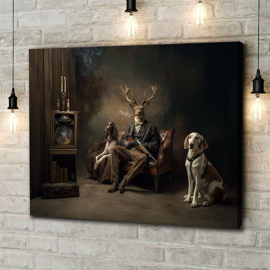 Maxcorners Vintage Style Hunting Deer with Dogs Canvas Print - Humorous Animal Art for Home Decor, Gifts for Hunter, Dad