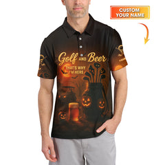 Maxcorners Halloween Golf Shirt, Golf and Beer That's Why I'm Here Shirt Withc Custom Name, Men Golf Gift, Crazy Golf Shirt For Golfer