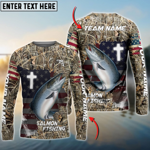 Maxcorners Salmon Fishing Cross Camo Personalized Name, Team Name 3D Long Sleeve Shirt