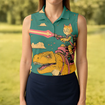 Maxcorners Laser Cat Dinosaur Golf Shirt, Retro Sci Fi T Rex Adventure Pattern, Golf Shirt For Women LM1507