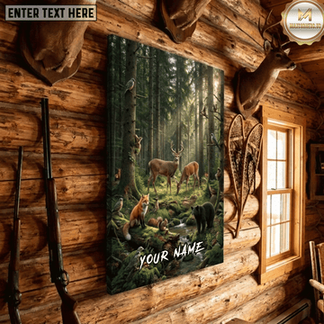 Maxcorners Deer Hunting Buck Doe Fox Black Bear Squirrel Birds Forest Creek Mossy Stream Wildlife Scene Canvas Wall Art