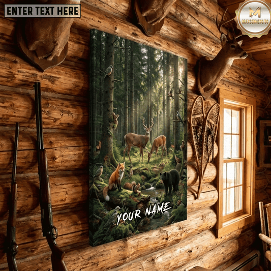 Maxcorners Deer Hunting Buck Doe Fox Black Bear Squirrel Birds Forest Creek Mossy Stream Wildlife Scene Canvas Wall Art