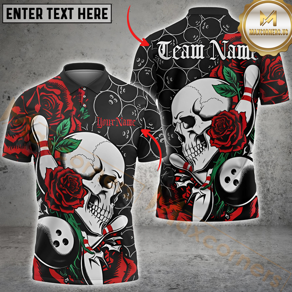 Maxcorners Bowling Skull And Rose Multicolor Option Customized Name, Team Name 3D Polo Shirt