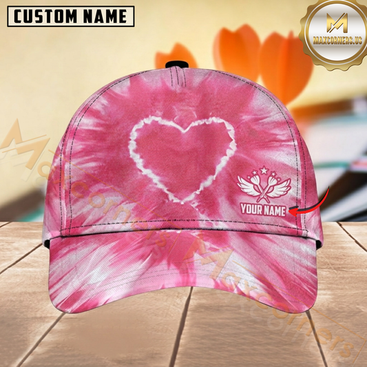 Maxcorners Darts Breast Cancer Awareness Heart Wings Pink White Tie-Dye Personalized Name 3D Cap