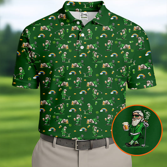 Maxcorners St Patrick's Day Leprechaun Character Golf And Beer Green Golf Shirt, Fun Golf Shirts For Men, Polo For Men