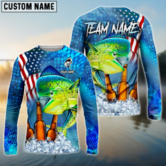 Maxcorners Mahi-Mahi Fishing Beer Usa Flag Personalized Name, Team Name 3D Long Sleeve Shirt