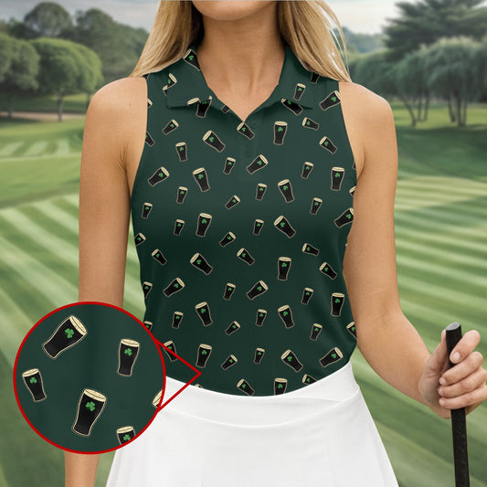 Maxcorners Dark Stout Beer St Patrick's Day Green Shamrock Golf Shirt, Ladies Golf Tops, Golf Shirt For Women