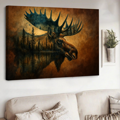 Maxcorners Moose Double Exposure Canvas Wall Art – Rustic Wildlife Lodge Cabin Decor, Nature-Inspired Hunting Gift