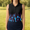 Maxcorners Black Cyan Purple Flame Sleeve Golf Shirt, Women's Golf Tops, Women’s Golf Apparel LM1507