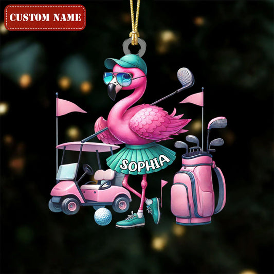 Maxcorners Custom Name Flamingo Golfing Acrylic Ornament, Golf Christmas Ornaments, Christmas Golf Gift LM1611