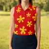 Maxcorners Red Hawaiian Floral Sleeveless Golf Polo, Women’s Sleeveless Golf Shirt, Golf Polo For Women LM1507