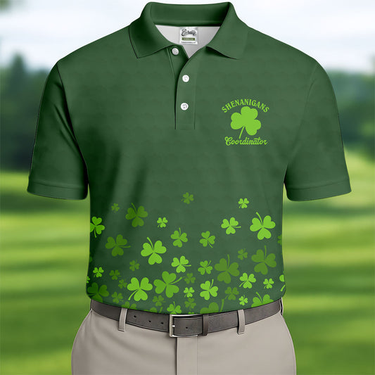 Maxcorners Shenanigans Coordinator Golf Ball Pattern St Patrick Day Green Golf Shirt, Golf Tops For Men, Golf Shirts For Men