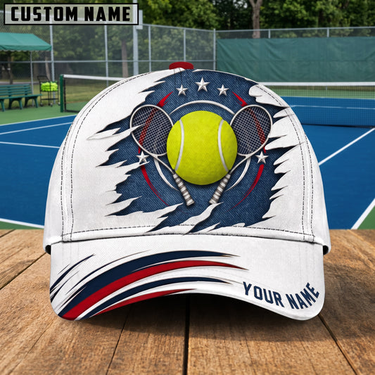 Maxcorners Tennis Crossed Rackets & Tennis Ball Torn Navy White Red 3D Design Personalized Name 3D Cap