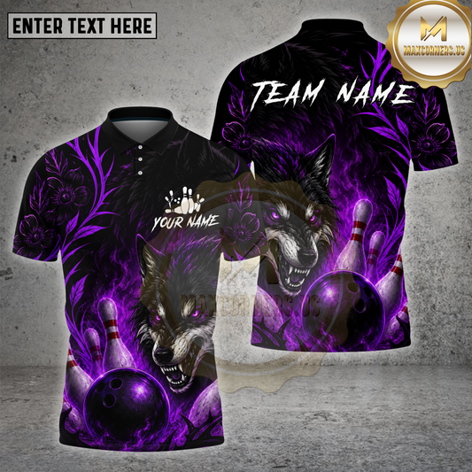 Maxcorners Bowling Purple Wolf Bowling Ball Pins Multicolor Options Personalized Name, Team Name 3D Shirt (4 Colors)