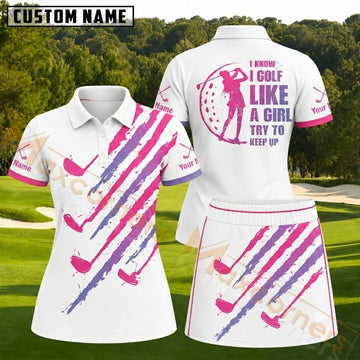 Maxcorners Pink and Purple Brushstroke Golf Club Personalized Name 3D Golf Shirt and Skirt