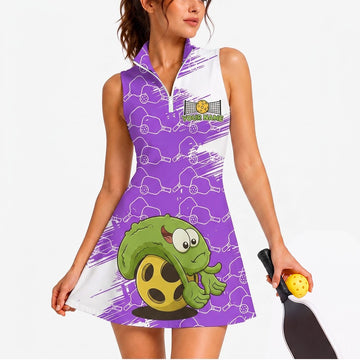 Maxcorners Pickleball Sleeveless Zipper Sports Dress Set Purple Cartoon Turtle Pickleball Personalized Name 3D Sleeveless Zipper Sports Dress Set