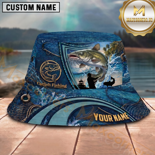 Maxcorners Fishing Blue Scale Ocean Angler Personalized 3D Bucket Hat (12 Fish Species)