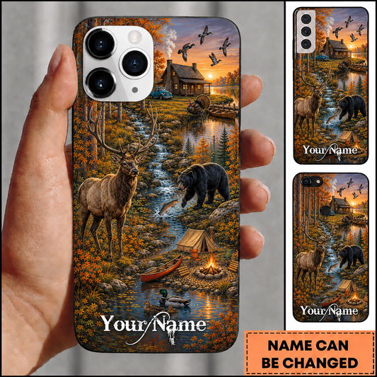 Maxcorners Hunting Buck Deer Bear and Flying Ducks Autumn Forest Cabin Campfire Lake Landscape Customized Name Phone Case