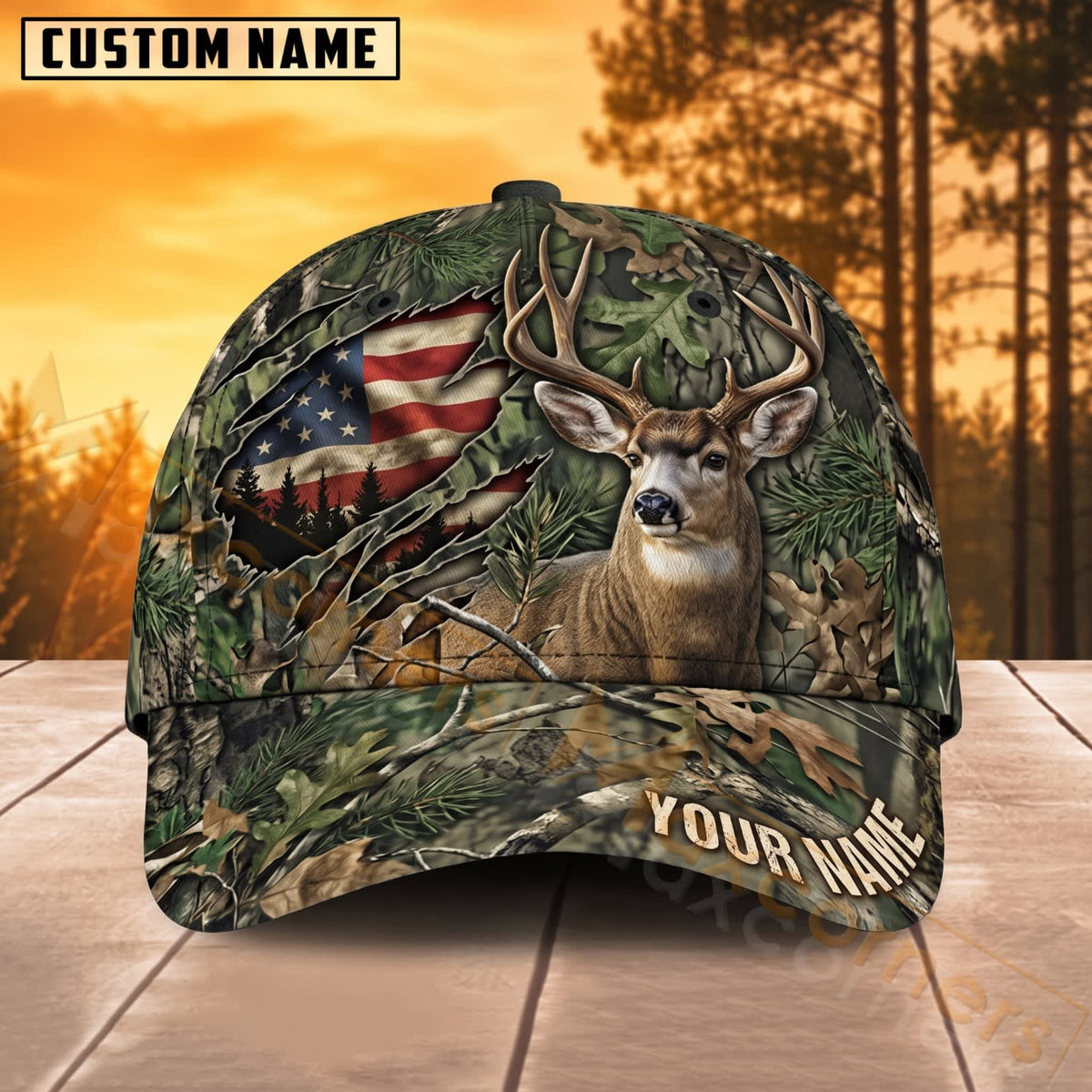 Maxcorners Deer Hunting American Flag Green Woodland Camo Personalized Name 3D Cap