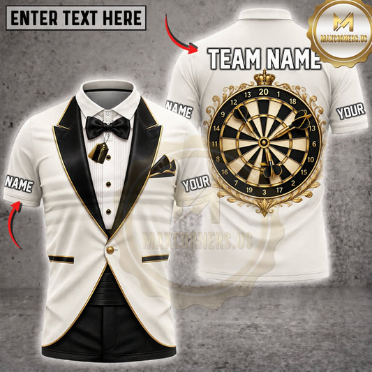 Maxcorners Darts Elegant White Gold Tuxedo Golden Dartboard Personalized Name 3D Unisex Shirt
