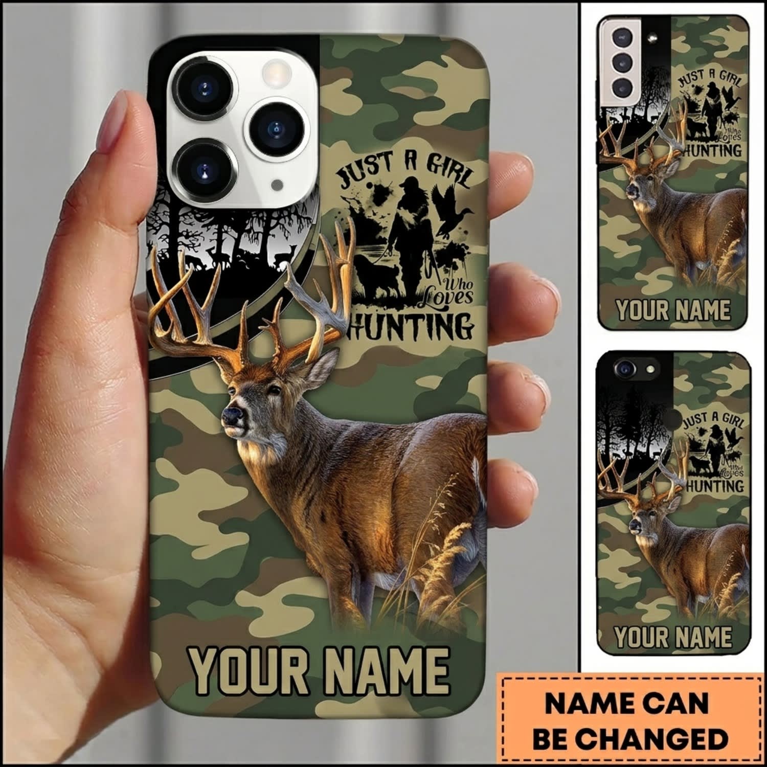 Maxcorners Hunting Deer Hunter Woodland Camo Personalized Name 3D Phone Case