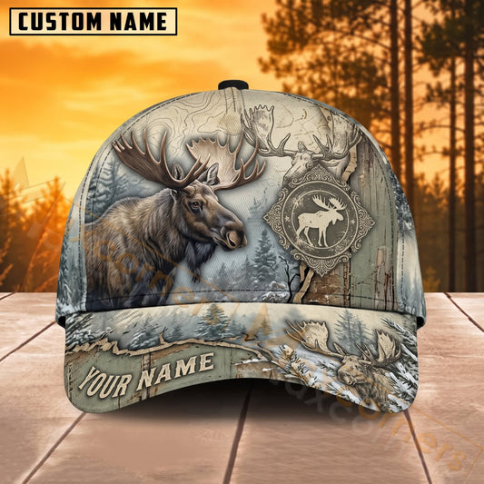 Maxcorners Moose Hunting Winter Forest Vintage Wildlife Badge Personalized Name 3D Cap