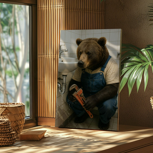 Maxcorners Plumber Bear Canvas Funny Handyman Bathroom Wall Art LM2611