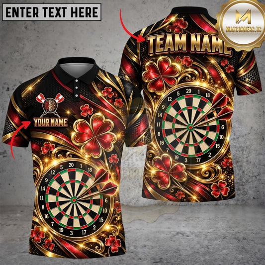 Maxcorners Darts Shamrock Clover Golden Ornaments Target Board Swirls Graphic Multicolor Customized Name, Team Name 3D Shirts