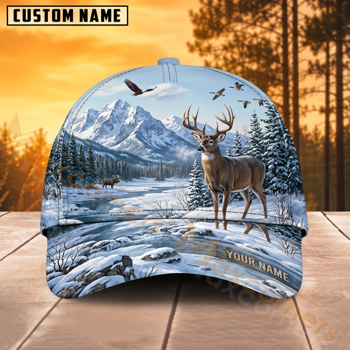 Maxcorners Deer Hunting Snowy Mountain Eagle Wilderness Personalized Name 3D Cap