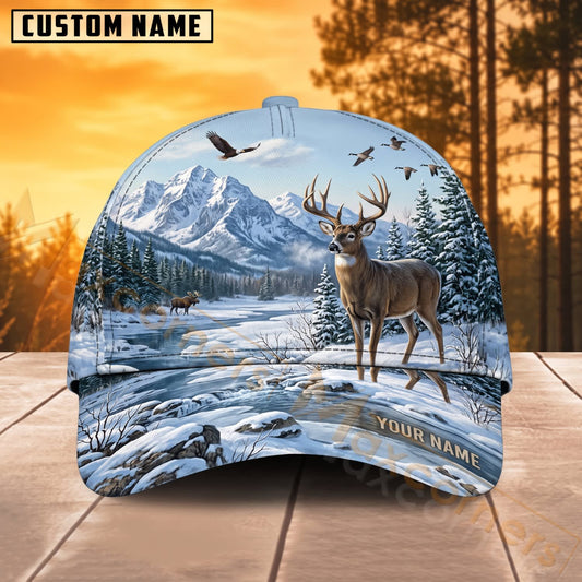Maxcorners Deer Hunting Snowy Mountain Eagle Wilderness Personalized Name 3D Cap